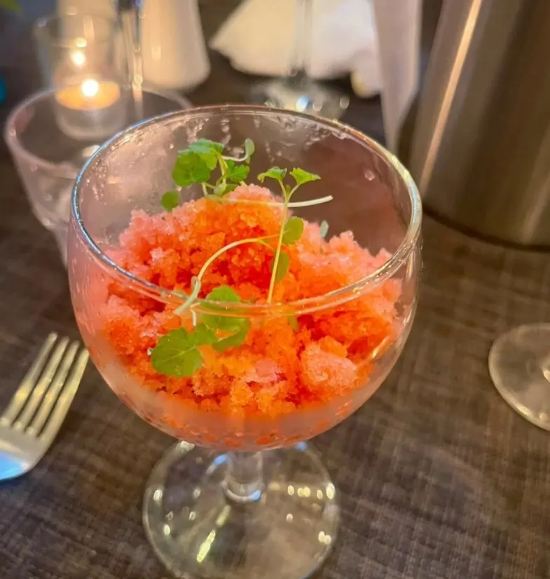 Food in glass with garnish